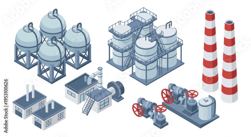 Industrial factory complex with storage tanks and chimneys.