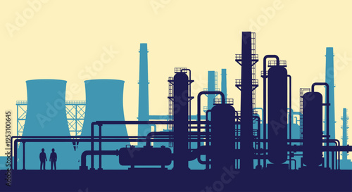 Industrial factory silhouette with cooling towers and chemical processing units.