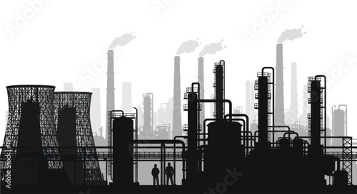 Industrial Factory Silhouette with Cooling Towers and Smokestacks.