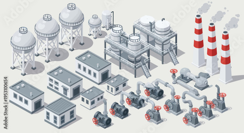 Industrial factory complex with various buildings and machinery elements.