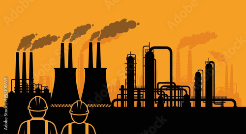 Industrial factory with smokestacks and chemical processing units.