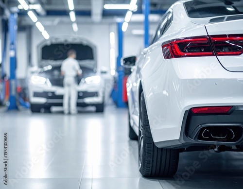 White car in a garage with mechanic inspecting a vehicle in the background, tools and workshop equipment visible.