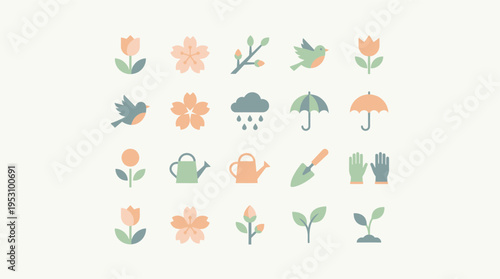 Charming collection of pastel-colored spring icons featuring birds flowers gardening tools and weather symbols