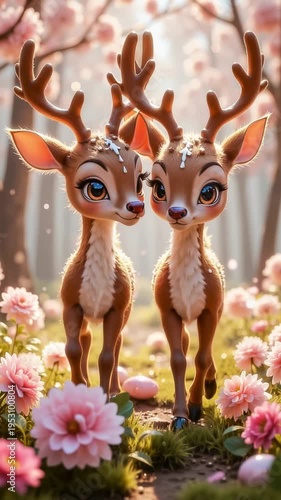 Cute Easter deer in a magical forest, surrounded by flowers and Easter eggs