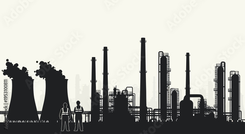 Industrial Plant Silhouette with Workers.