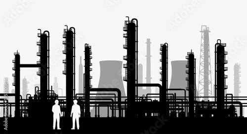 Industrial plant silhouette with two workers in the foreground.