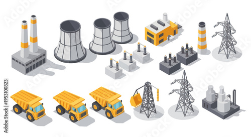 Industrial power generation and heavy machinery collection isometric icons.