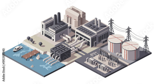 Industrial Power Plant Complex with Water and Energy Infrastructure.