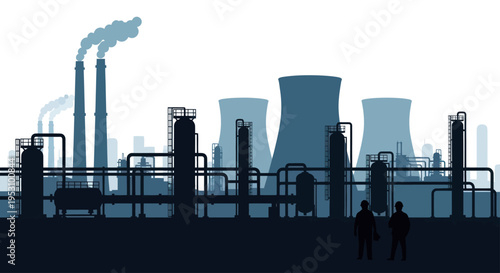 Industrial power plant silhouette with cooling towers and smokestacks.