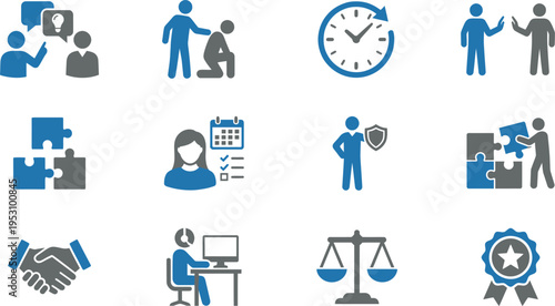 Collection of twelve essential business icons representing teamwork, support, scheduling, and legal compliance