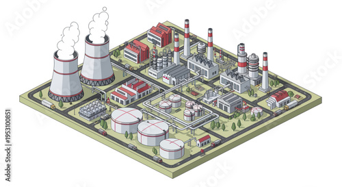 Industrial Power Plant Complex with Cooling Towers and Storage Tanks.