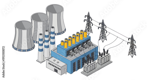 Industrial Power Plant with Cooling Towers and Transmission Lines.