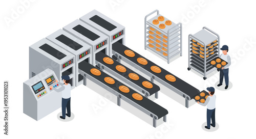 Isometric Bakery Production Line with Workers and Conveyor Belts.