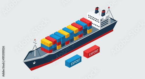 Isometric Cargo Ship with Containers for Global Logistics and Shipping.