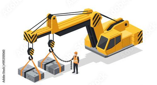 Isometric illustration of a construction worker operating a large yellow crane lifting heavy concrete blocks.