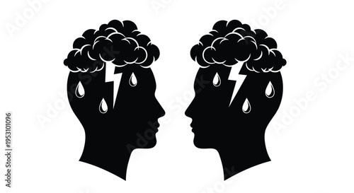 Black Silhouette Of Two Heads Facing Each Other With Lightning And Tears For Mental Health Concepts.