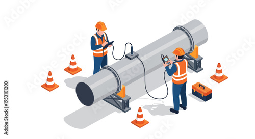 Isometric illustration of engineers performing pipeline inspection and maintenance.