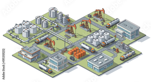 Isometric illustration of an oil and gas industry complex with various facilities.