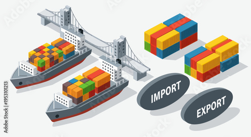 Isometric illustration of global import and export logistics with cargo ships and containers.