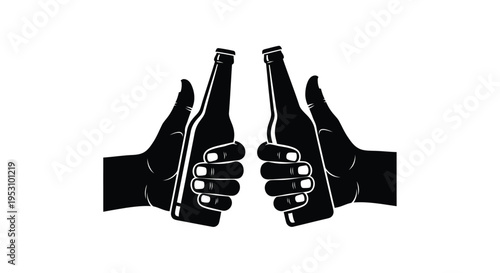 Two hands holding beer bottles in a toasting gesture on a white background for party and celebration concepts