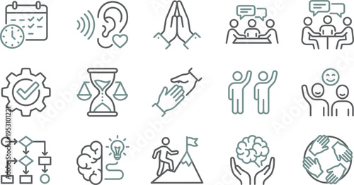 Collection of business management icons representing important concepts like teamwork, planning, and dedication