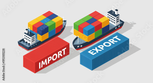 Isometric Import and Export Ships with Cargo Containers.
