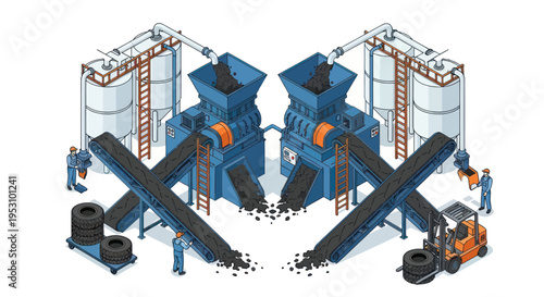 Isometric illustration of tire recycling process with machinery and workers.