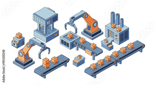 Isometric Industrial Automation Set with Robotic Arms and Conveyor Belts.