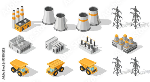 Isometric Industrial and Energy Infrastructure Elements Collection.