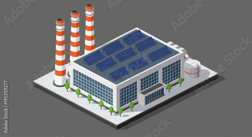 Isometric Industrial Building with Solar Panels and Smokestacks.