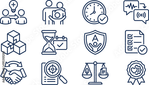 A versatile collection of modern line art icons representing business, time, legal, and social concepts.