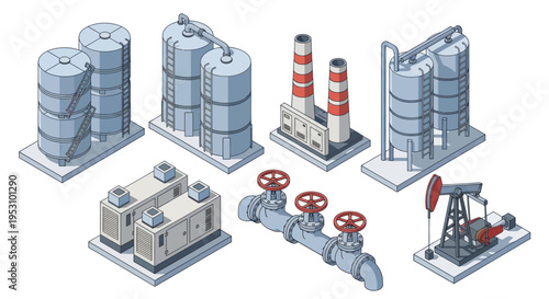 Isometric Industrial Buildings and Oil Extraction Equipment Set.