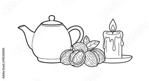 Black and white line art of a teapot with nuts and a lit candle on a plate for still life and relaxation concepts