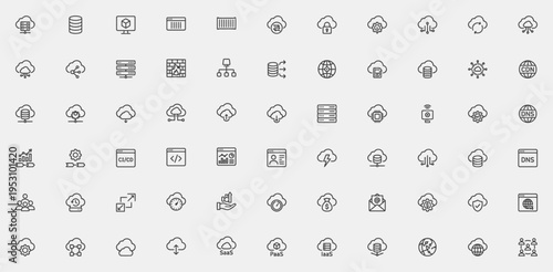 Professional Black Line Cloud Computing Icon Set Featuring Database Storage, SaaS, PaaS, IaaS, Network Infrastructure, Data Security, and Universal Web Upload Download Symbols.