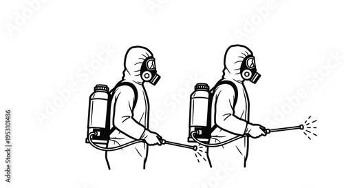 Two Workers in Hazmat Suits Spraying Disinfectant for Cleaning and Decontamination Concepts