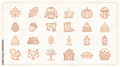 Collection of warm cozy autumn icons featuring seasonal elements like leaves, clothing, and food.