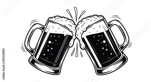 Two beer mugs clinking together with foam splashing on white background for festive drink concepts