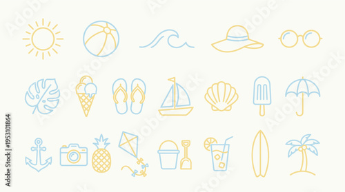 Collection of cute yellow and blue line art icons representing various summer and beach vacation elements.