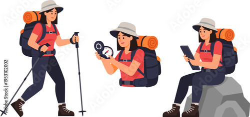 Female Hiker Character Set with Backpack and Trekking Poles in Flat Illustration Design Style