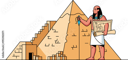 Flat Illustration of Ancient Egyptian Architect Planning Great Pyramid Construction with Blueprint