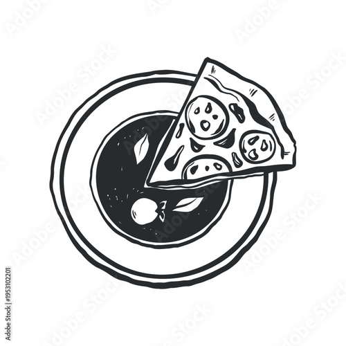 A slice of pizza on a plate, fast food. Vector outline illustration in black. Linear pizza clip art on a white background.