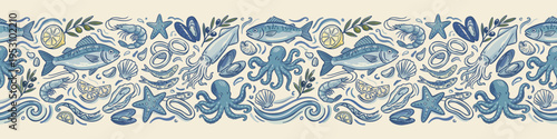 Decorative border with various seafood products. Blue and white vector handdrawn illustration