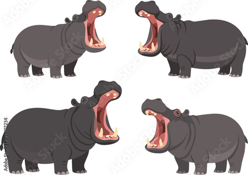 Hippopotamus Character Set with Open Mouth Roaring, Hippo Flat Vector Illustration Isolated