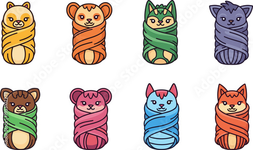 Kawaii Cute Animal Characters Swaddled in Blankets Flat Vector Illustration Set