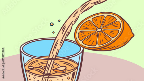 Cold beverage with ice and orange garnish in flat design, ideal for summer drinks, coffee menus, juice branding, and refreshing lifestyle visuals.
