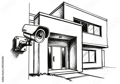 Sketch of a modern house entrance with a security camera mounted on the wall