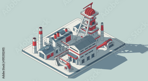 Isometric Industrial Factory Complex with Red and White Accents.