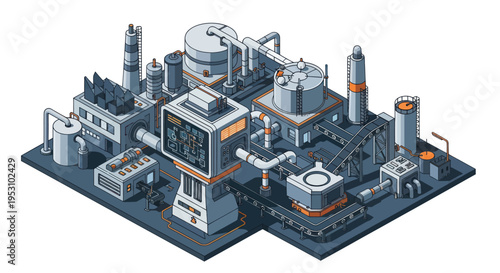 Isometric Industrial Factory Complex with Futuristic Technology Elements.
