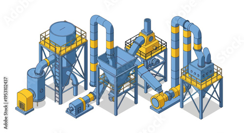 Isometric industrial factory equipment for processing and manufacturing.