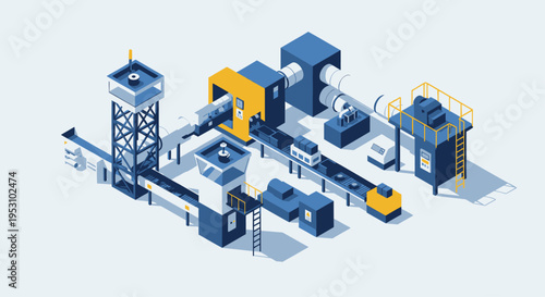 Isometric industrial factory production line with automated machinery and conveyor system.